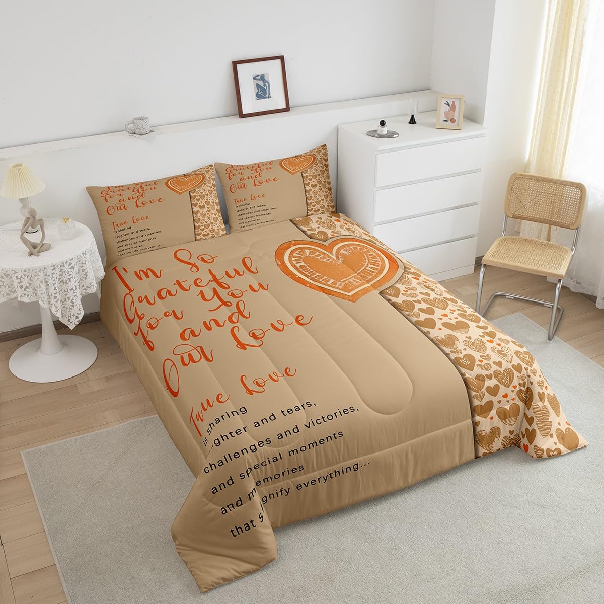Erosebridal Romantic Love Hearts Comforter Set Queen,Orange Motto Down Comforter,Valentine Gifts Bedding,True Love Bedding Comforter Sets