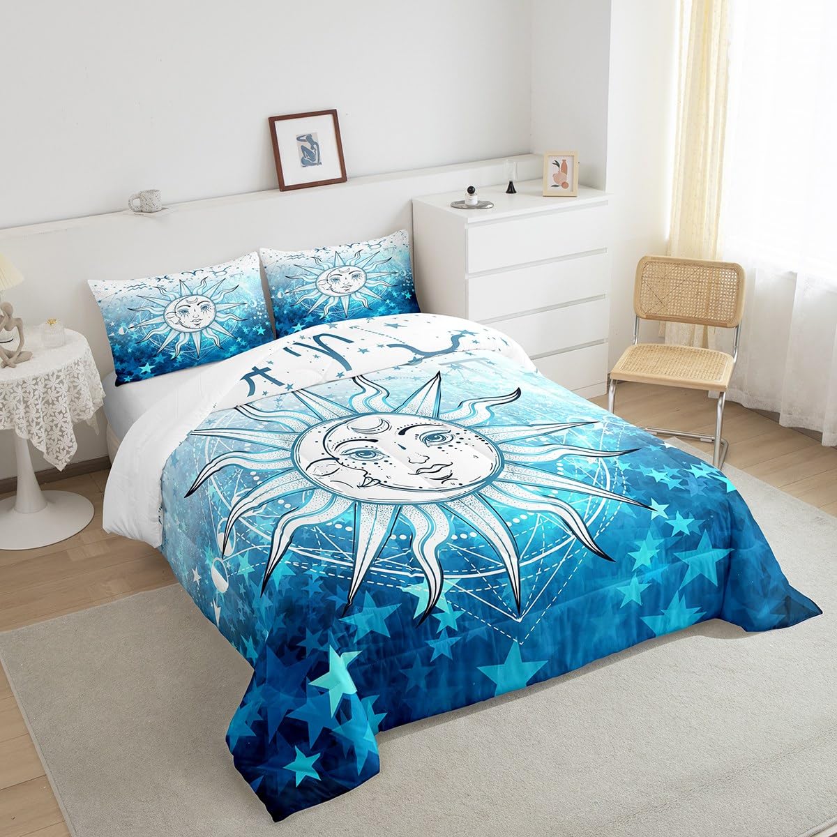 Manfei Sun and Moon Comforter Set Twin Size Blue Stars Print Bedding Set 2pcs for Kids Boys Girls Room Decor, Outer Space Galaxy Theme Quilt Set Boho Exotic Duvet Insert with 1 Pillowcase