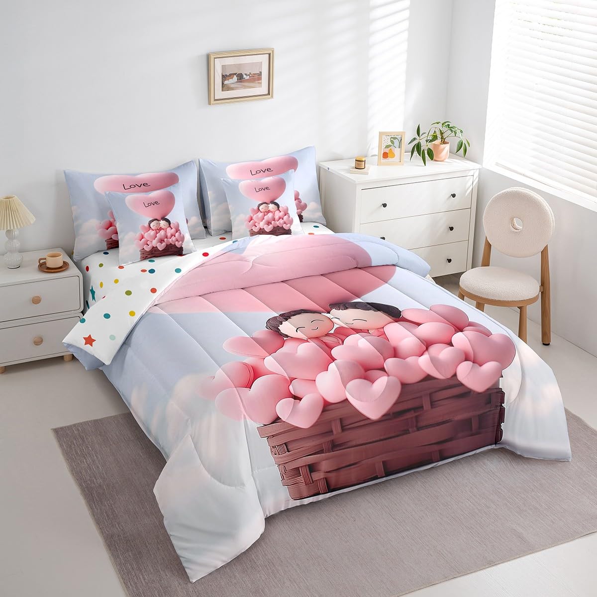 Erosebridal Love Balloon 7 Piece Bedding Set Romantic Valentine's Day Girls Full Comforter Set Cute Couple Doll Bed in A Bag for Teen Adult Women,Pink Hot Air Balloon Bed Set