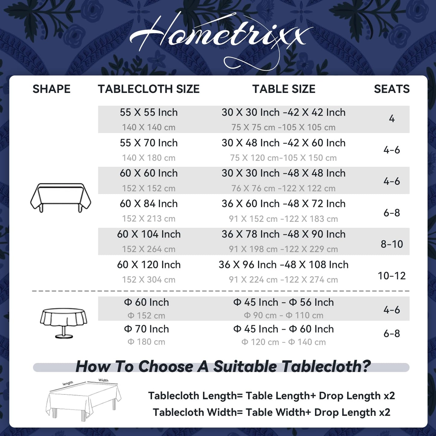 hometrixx Hand Block Print Rectangle Table Cloth Floral Farmhouse Washable Polyester Oil-Proof Tablecloth Stain Wrinkle Resistant Table Cover for Party Kitchen Decor Outdoor Picnic, 60x84 Blue