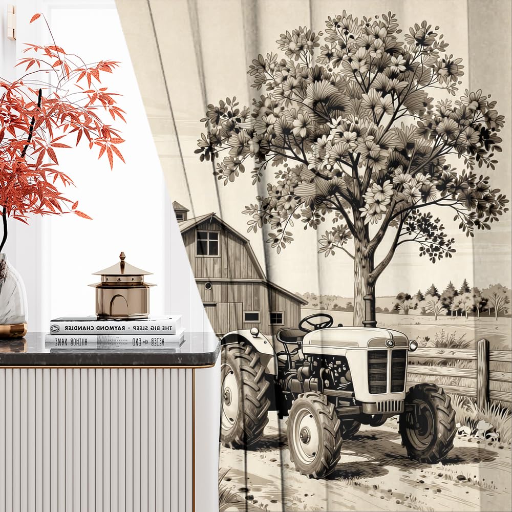 KuracleGH Rustic 70s Farm Tractor Curtains-Vintage Western Farmhouse Old Truck Rod Pocket Back Tab Window Drapes,Cabin Harvester Barn Thermal Insulated Blackout Curtain,2pcs,Each 21“W x 45”L