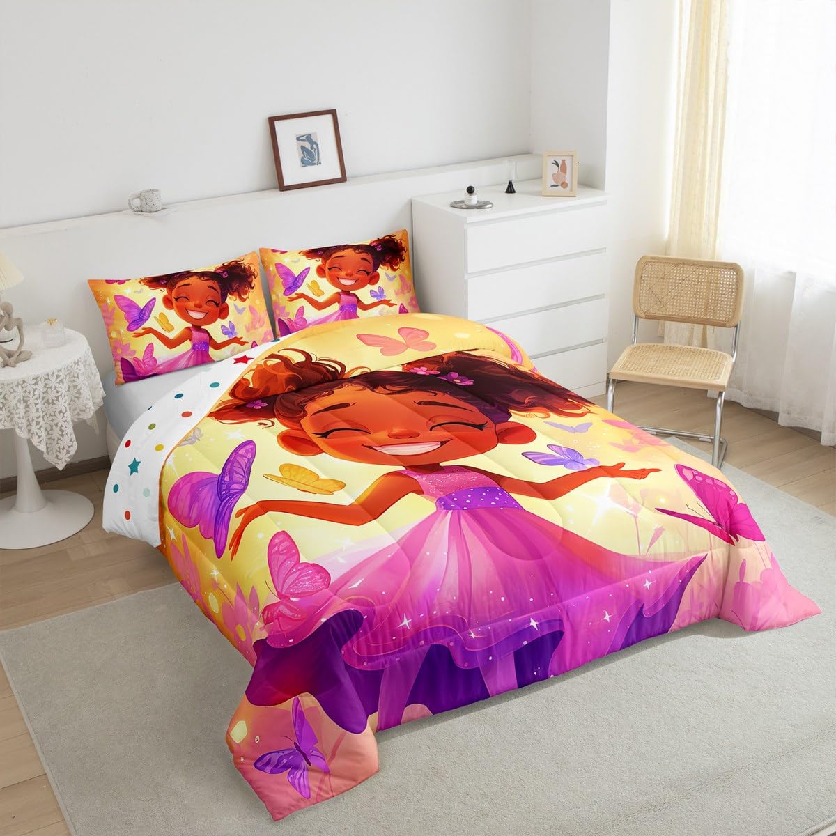 Erosebridal Black Girls Bedding Set Afro Girl Twin Comforter Set for Girls,American African Princess Magical Quilt for Toddler Kids Teenager,Dreamy Butterfly Kawaii Room Decor
