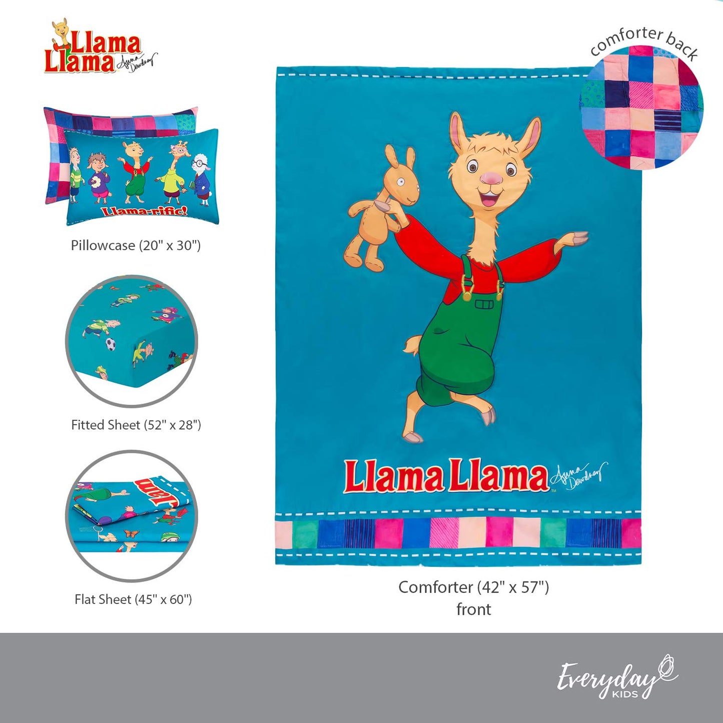 EVERYDAY KIDS Llama Llama 4 Pc Toddler Bedding Set with Comforter, Flat Sheet, Fitted Sheet and Pillowcase Bright Blue Toddler Bed Set Features Llama Llama and Friends
