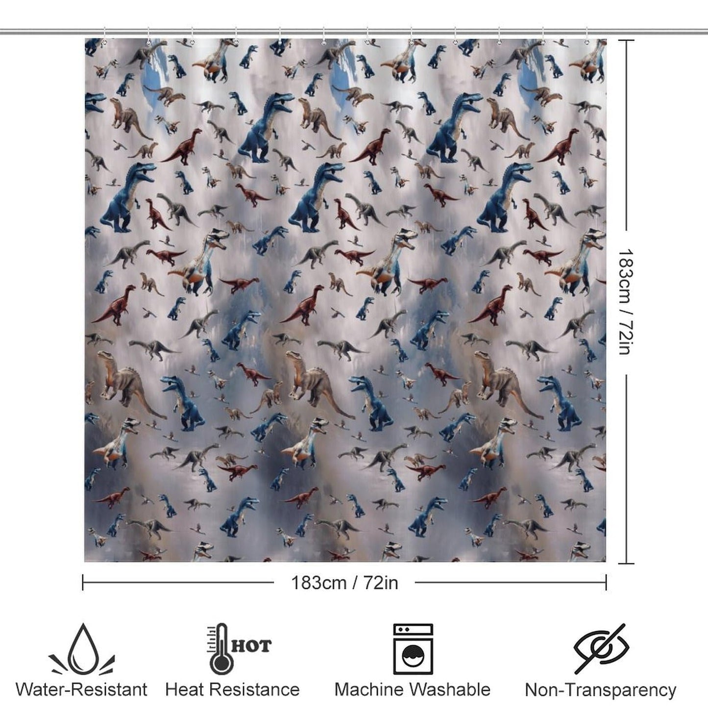SDIII 3D Dinosaur Shower Curtain Set 72x72 Inch, Waterproof Microfiber Shower Curtain Dinosaur for Jurassic Themed Bathroom Decor