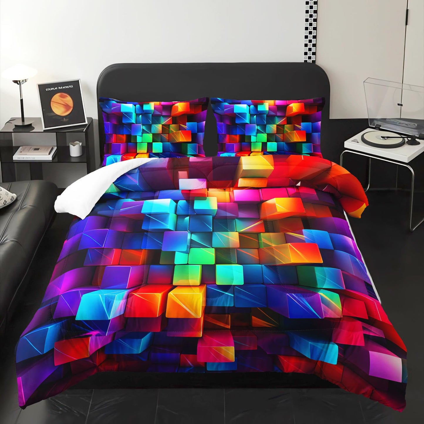 lneffble Colorful Checkered Comforter Set Full，3D Checkered Chic Gingham Bedding Set Full with 1 Comforter with 2 Pillow Case