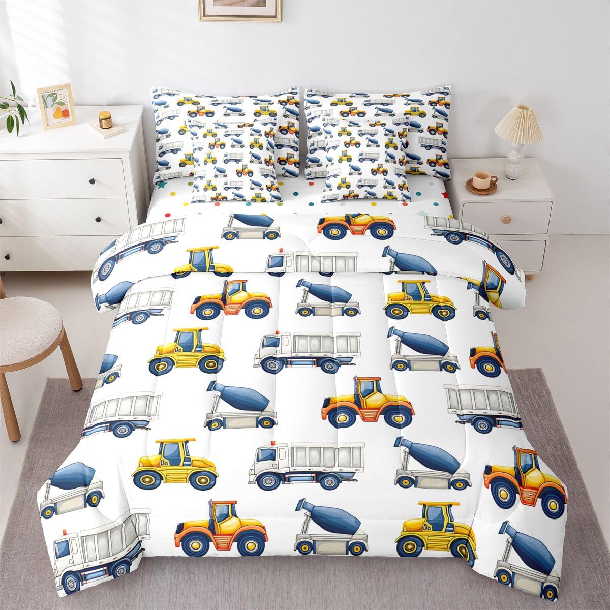 jejeloiu Excavator Comforter Set Twin Size 7 Pieces Construction Vehicles Bedding Set Equipment Trucks Bed in a Bag with Comforter, Sheets, Pillowcases, Cushion Covers Bedroom Decor