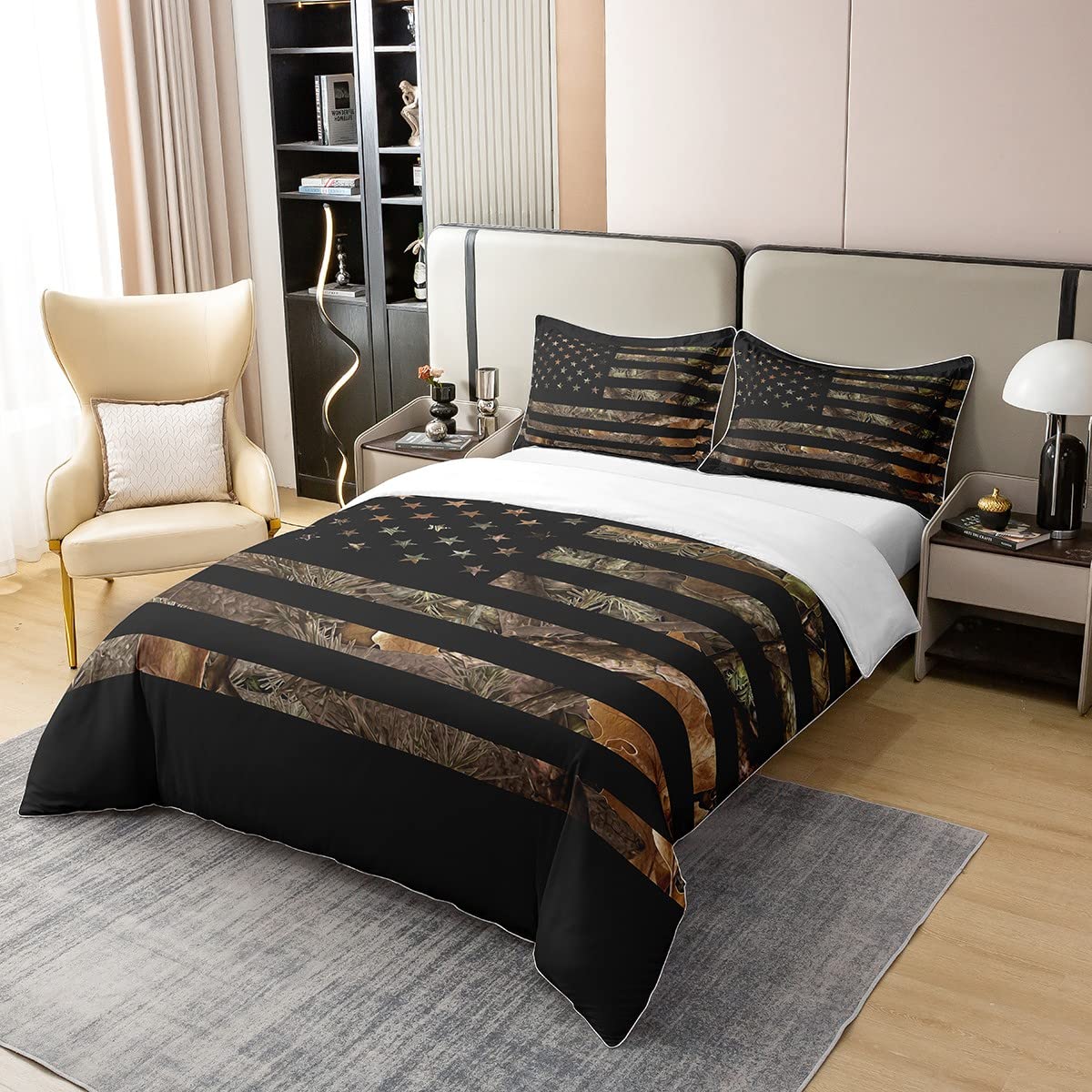 100% Cotton American Flag Camo Bedding Set Queen,Military Hunting Comforter Cover Rustic Trees Leaves Camouflage Duvet Cover For Boys Teens Kids Man Nature Conifer Oak Branches Quilt Cover