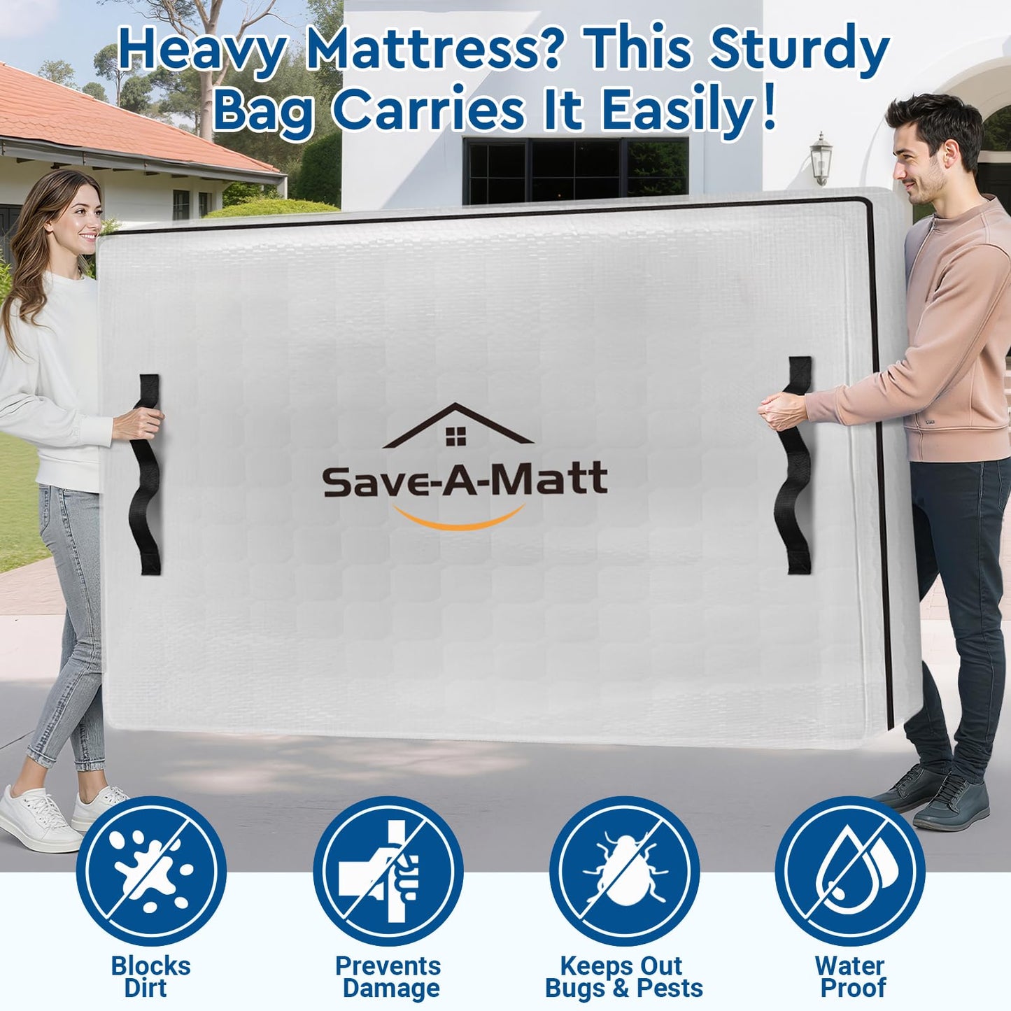 SaveAMatt Mattress Bags for Moving -Extra Thick Queen Mattress Storage Bag, 8 Strong Handles & Reinforced Stitching, Waterproof Reusable Clear Mattress Cover Protector (82’’x63’’x15’’ Queen Size)
