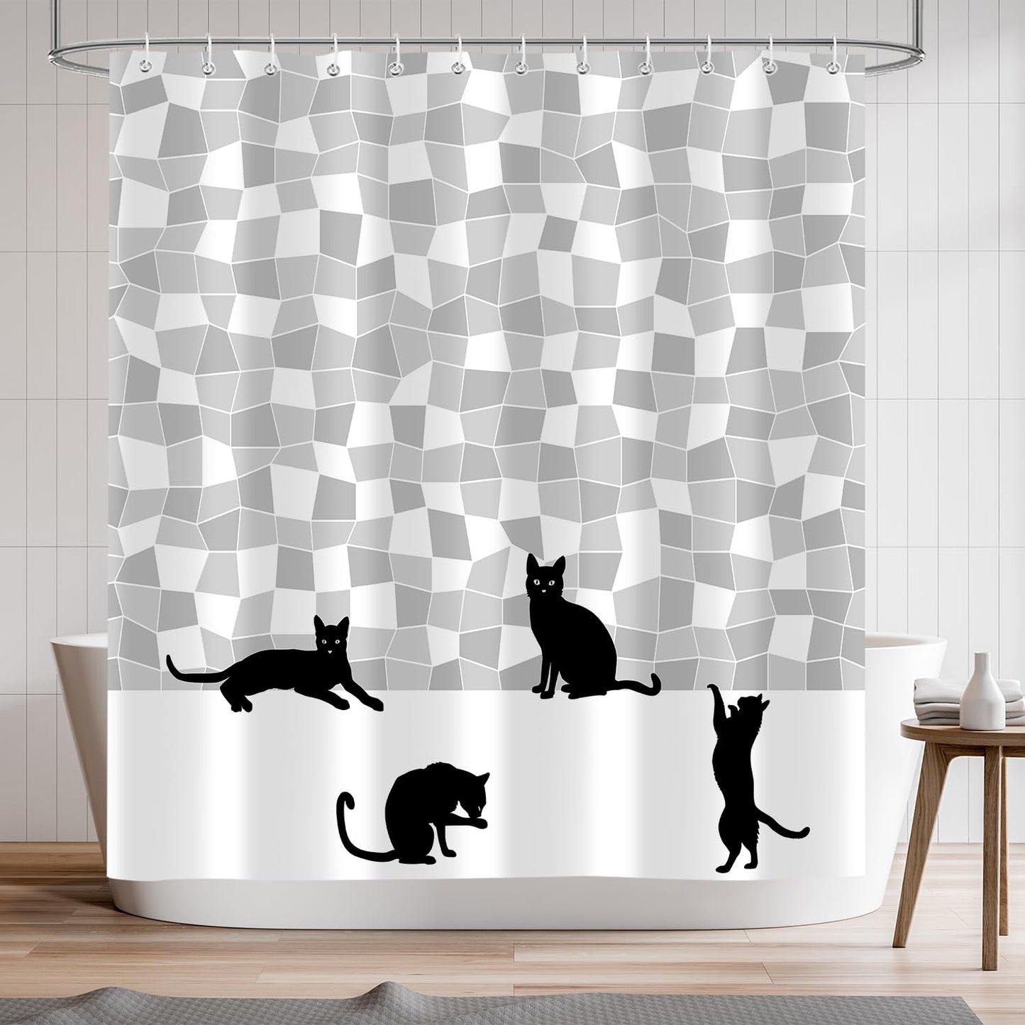 Emwnodti Funny Shower Curtain Set, Cute Black Cat Gray White Mosaic Bath Curtain, Fun Silhouette Shower Curtain Polyester Fabric Waterproof Durable, 12 Hooks 72x72 inch