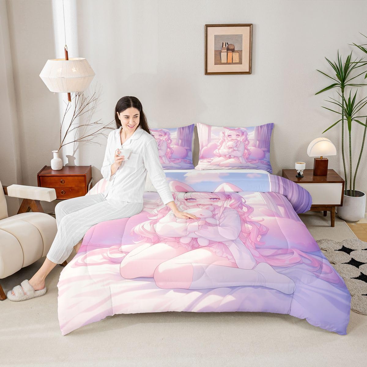 Erosebridal Romance Girly Comforter Set for Kids Boys Girls Anime Girl Bedding Japanese Girl Duvet Set Cute Cartoon Bear Comforter Twin with 1 Pillowcase