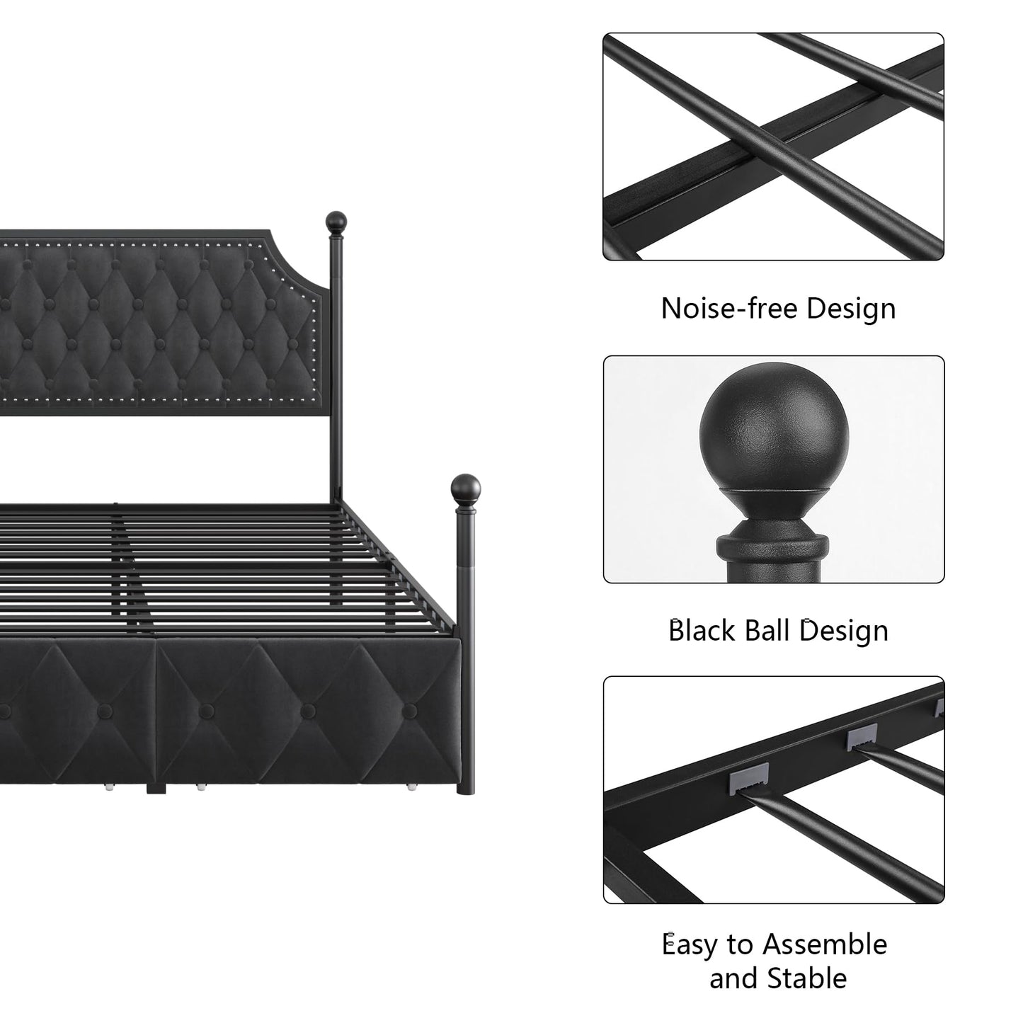 Keyluv King Upholstered Canopy Bed Frame with 3 Storage Drawers & Button Tufted Headboard, Metal Platform Bed with 4 Removable Posts, Two-Purpose Velvet Bed, Dark Grey/Curtain Not Included