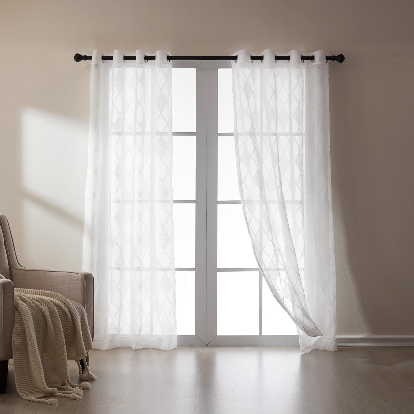 SLEEP ZONE Sheer Curtain 84 inches Long of 2 Panels for Living Room and Bedroom, White Sheer Curtain Cutwork Embroidered Sheer Curtains, 42" W × 84" L, White Lattice