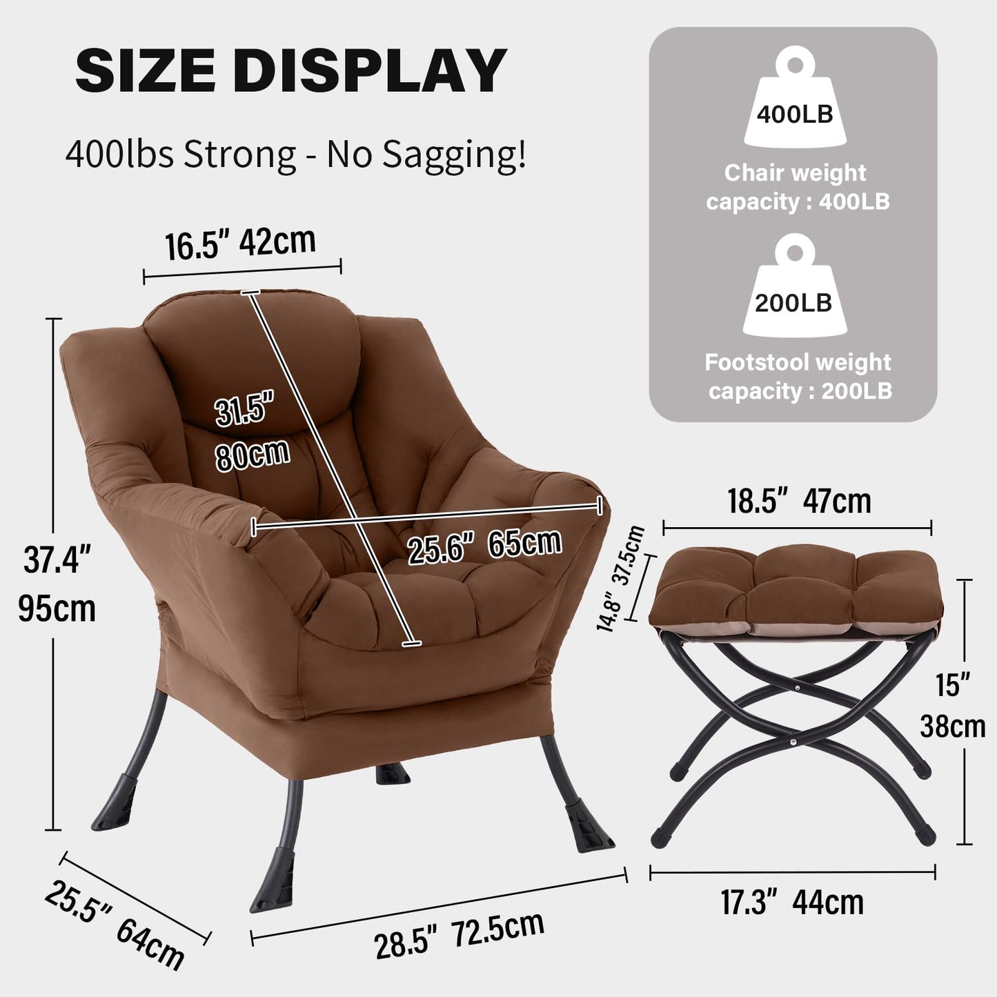 Tiita Lazy Chair with Ottoman, Brown Modern Large Accent Chair, Comfy Leisure Sofa Armchair with Ottoman, Reading Chair with Footrest for Bedroom, Living Room, Dorm Rooms, Brown