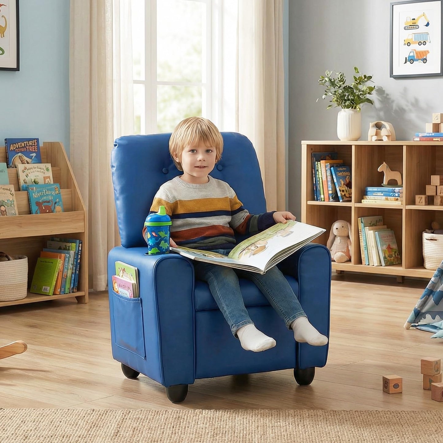 INFANS Kids Recliner, Toddler Lounge Chair with Adjustable Backrest Footrest Cup Holder Side Pockets, PU Leather Toddler Couch