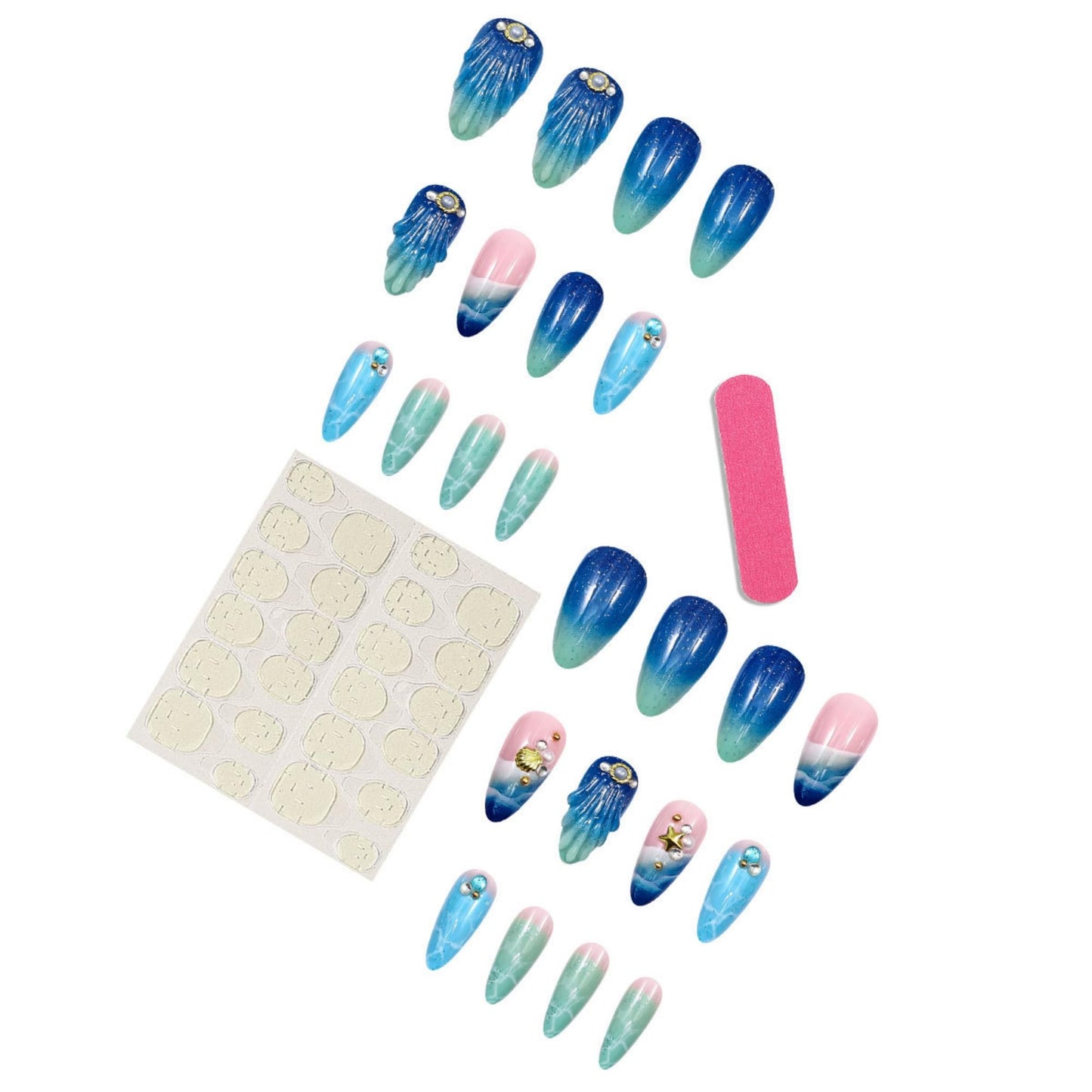 octoswave Press on Nails Long Almond Blue Ocean Wave Design False Nails with Seashell Pearl Accents 3D Textured Summer Beach Mermaid Style Fake Nails for Women 24Pcs