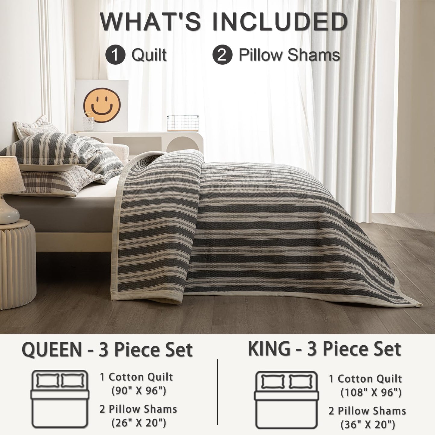 tohrisa Cotton Striped Quilt Set, Ultra Soft 3 Pieces King Size Bedding with 2 Pillow Shams, Lightweight Reversible Coverlet Bedspread with Wave Quilting for Summer, 108"x96", Stripe-Grey White