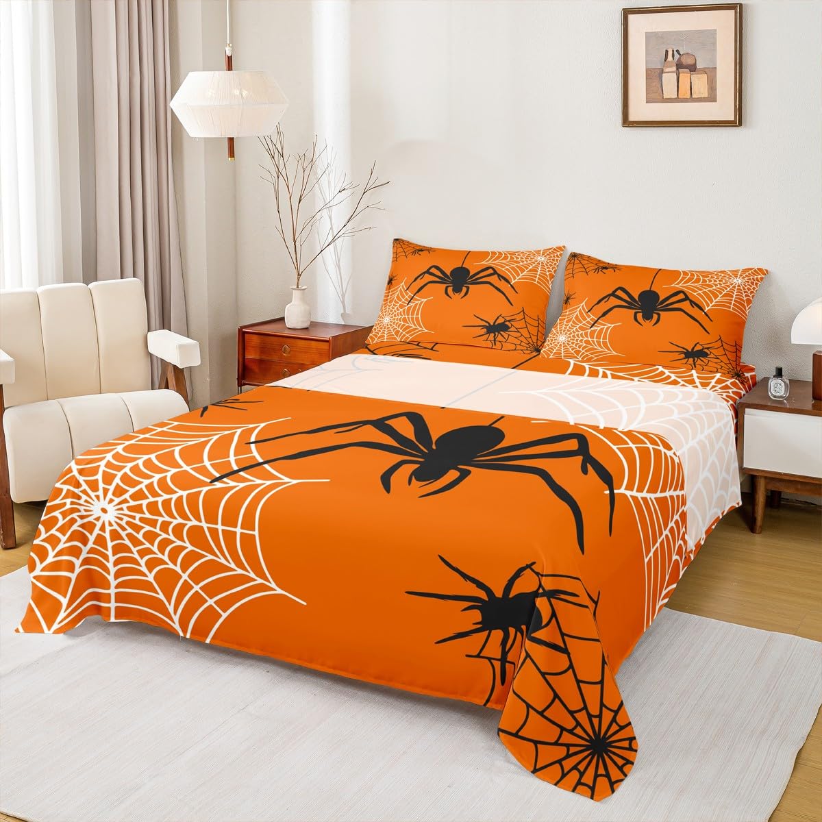 Castle Fairy Halloween Bed Sheets Full Size 4 Pcs,Black Spider Wild Animals Bedding Set for Kids Teens Adults,Black White Spider Web Grid Sheet Set with Flat,Fitted Sheet,2 Pillowcases