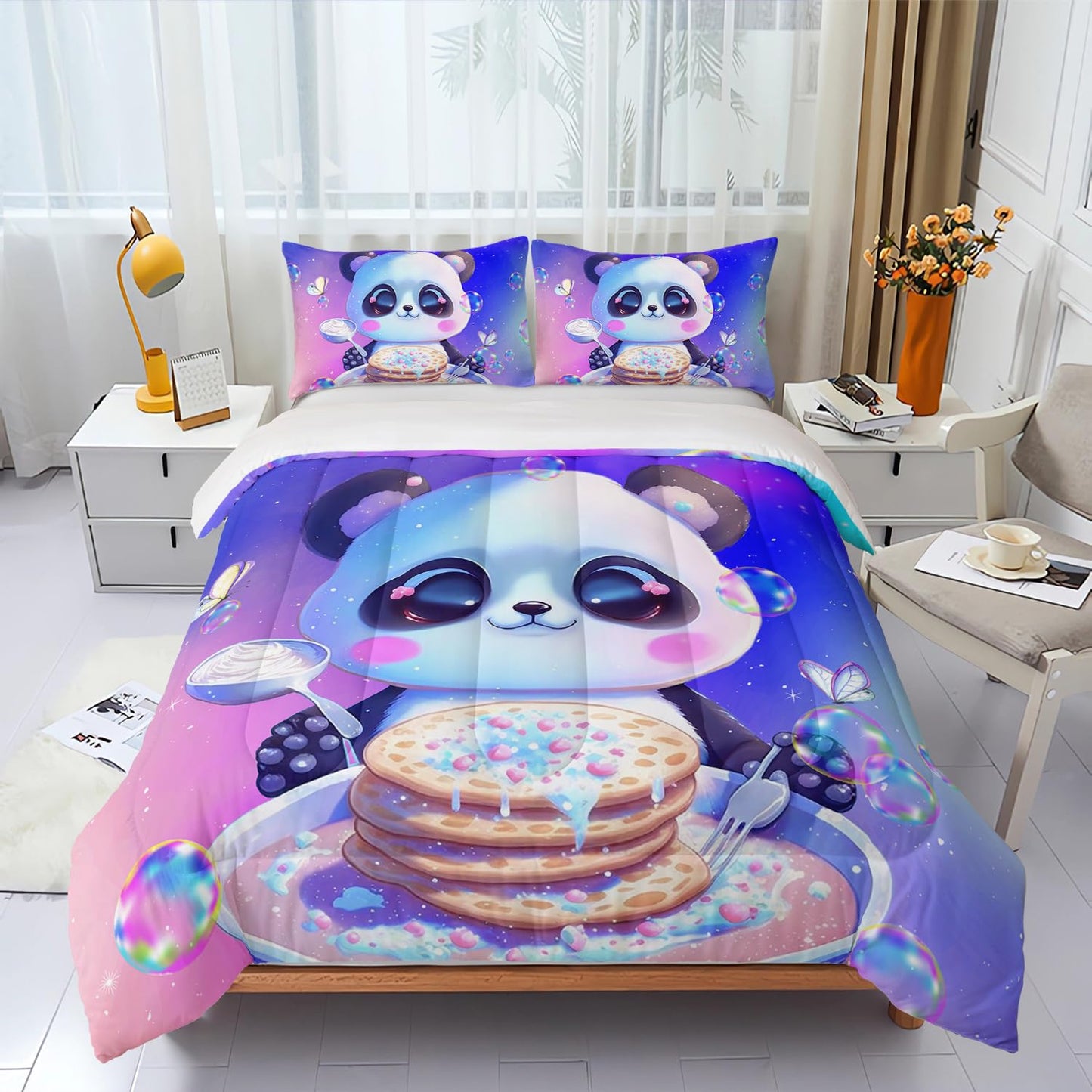 Nttopship Kawaii Panda Comforter Set Queen, Violet and Pink 3 Pieces Bedding Set for Teens Kids,Kawaii Down Alternative Bed Comforters Bedding Sets for All Season