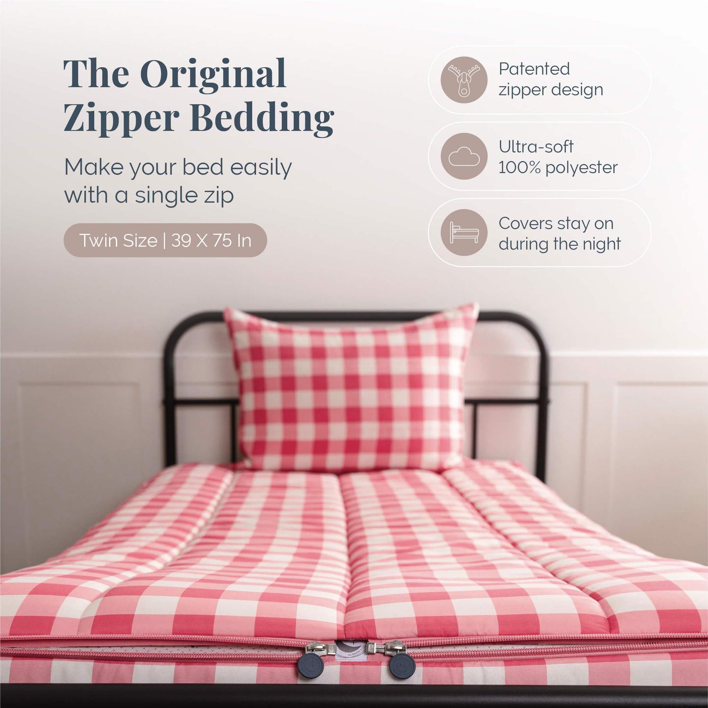 Beddy's Gingham & Strawberries Durable Zipper Bedding for Kids - Bed in a Bag - Dark Pink Gingham Comforter with Strawbery Sheets - Includes Pillowcase & Sham - Easy to Make & Wash - Twin