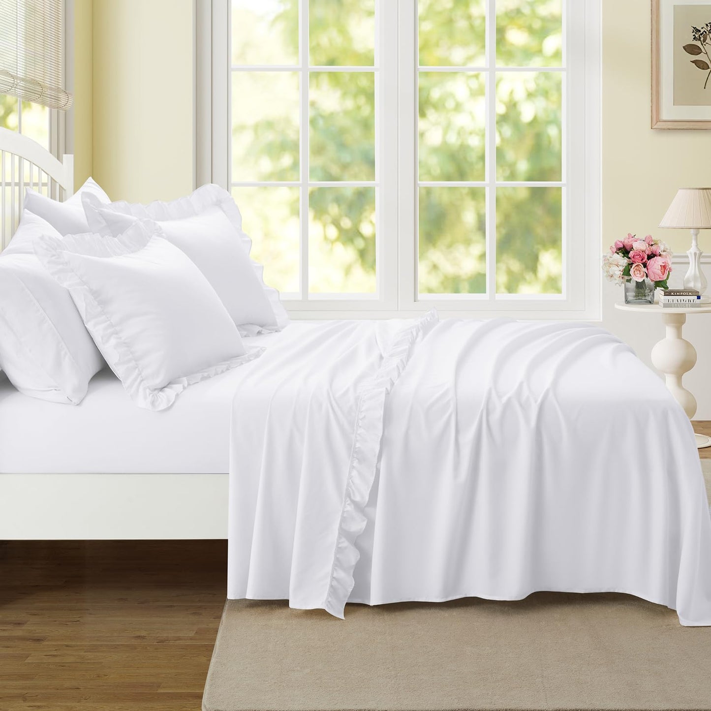 Yvrcen 3 Pieces Ruffle Twin Sheet Set, White Bed Sheets Twin Size, Microfiber Coquette White Sheets with 16 Inch Deep Pocket Fitted Sheet, 1 Ruffled Flat Sheet & 1 Ruffled Pillow Shams