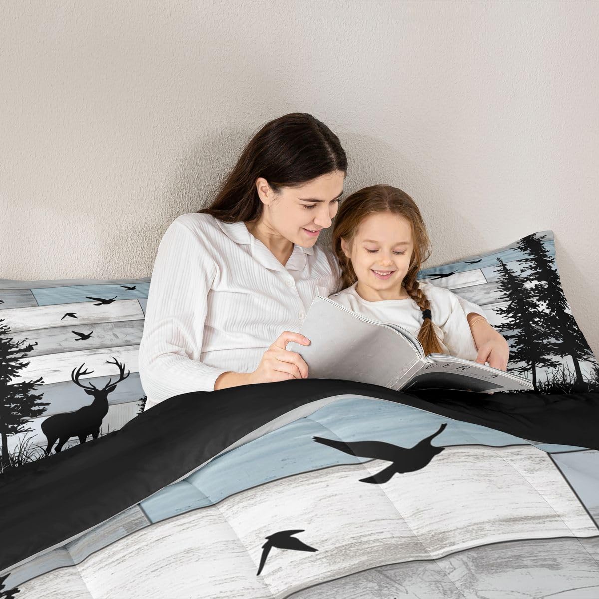 jejeloiu Deer Bedding Set Soft for Boys Girls, Rustic Cabin Country Comforter Set Queen Size Farmhouse Duvet Quilt Microfiber Wild Animal Bedroom Decor 3 Pcs with 2 Pillow Cases
