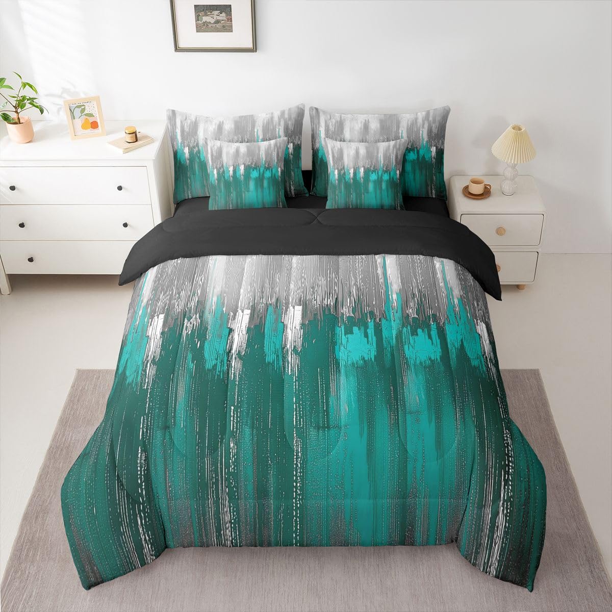 Erosebridal Greyish Gradient 7 Piece Bedding Set Queen White Teal Comforter Set with Sheets Chic Abstract Art Ombre Vintage Bed in a Bag Farmhouse Graffiti Modern for Teens Men Women