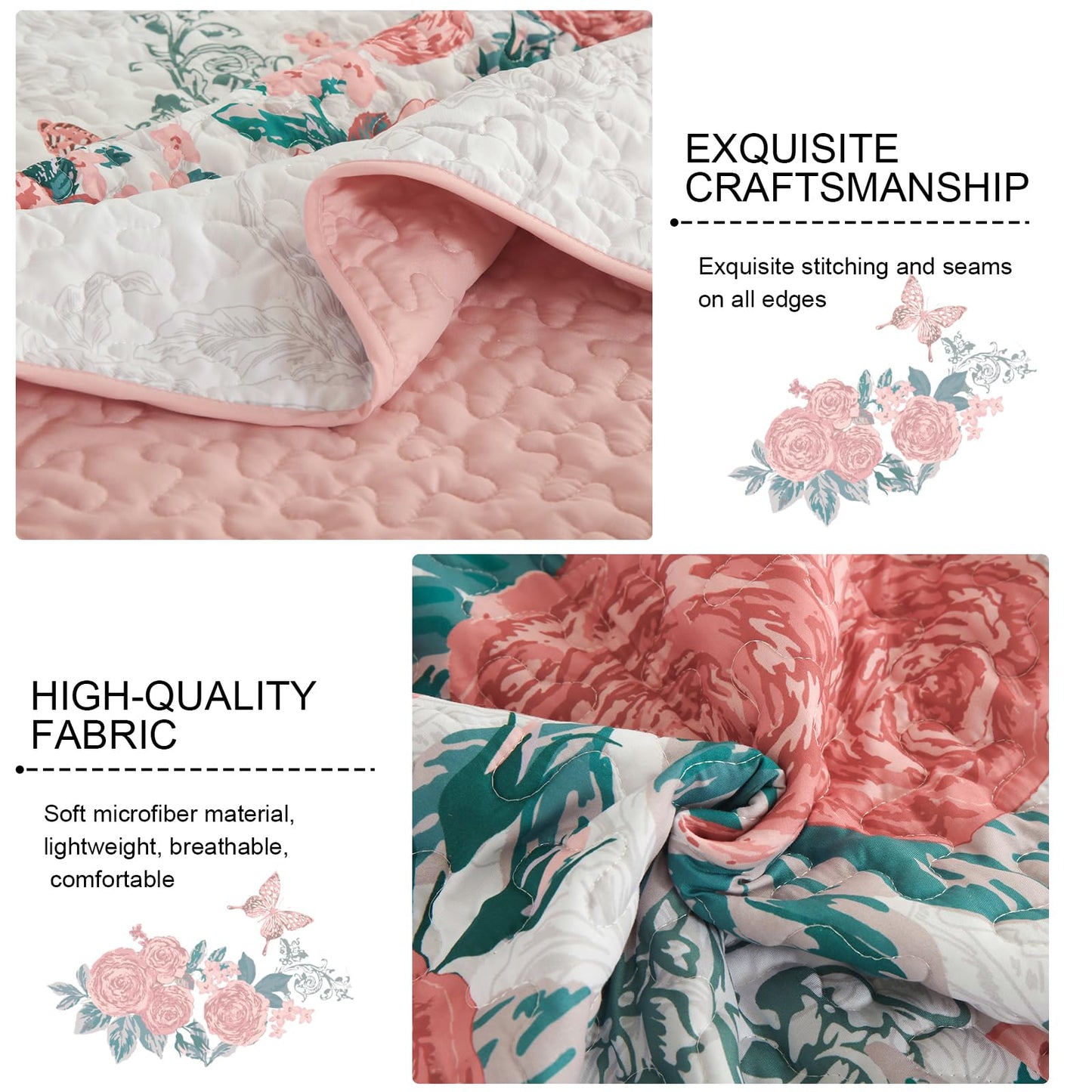 Yiran Pink Floral Quilt Set Queen Size Summer Botanical Bedspreads Bedding Set 3 Pieces Lightweight Rose Flowers Printed Coverlet with 2 Pillow Shams for All Season 96x90 Inch