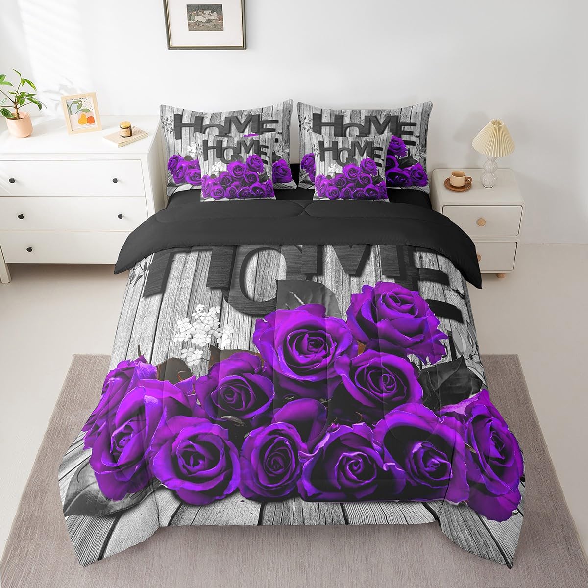 Feelyou Purple Rose 7 Piece Bedding Set for Adult Couple Full Size Romantic Style Comforter Set with Sheets Boys Girls Flower Floral Bed in a Bag Wooden Bed Set