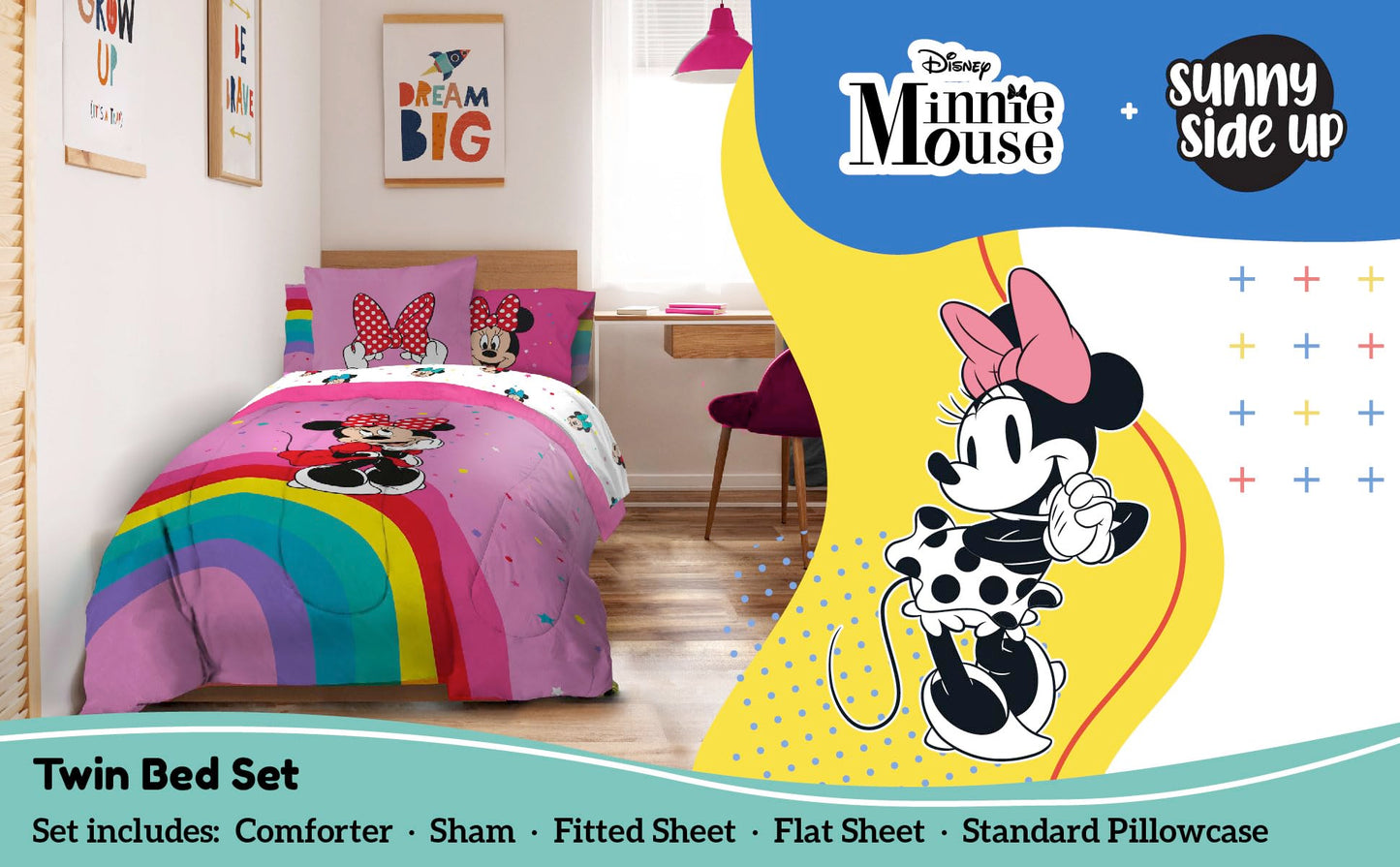 Disney Minnie Mouse Kids Comforter Set Twin - 5 Piece Girls Bed in a Bag, Reversible Comforter, Sheets, Pillowcase & Sham - Super Soft Machine Washable Fade Resistant Microfiber, Oeko-TEX Certified