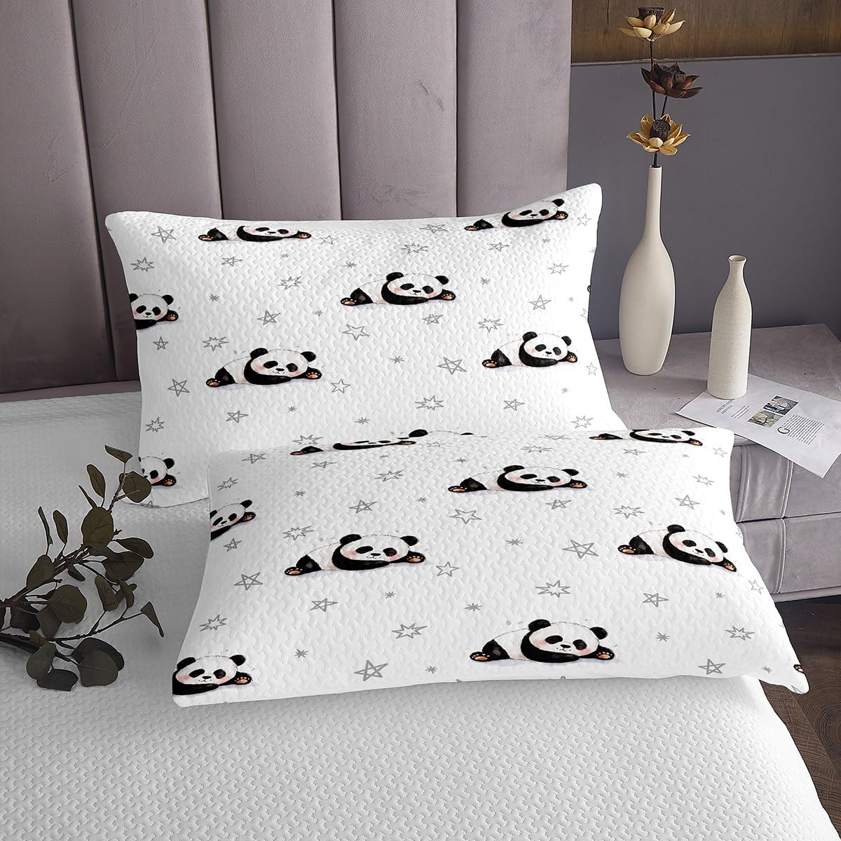 Feelyou Cartton Panda Sheet Set Kids Cute Animal Sheets with Deep Pocket Fitted Sheet for Boys Girls Kawaii Panda Bed Sheets Set Panda Bear Printed Black White Bedding Set Quilt Cover Full