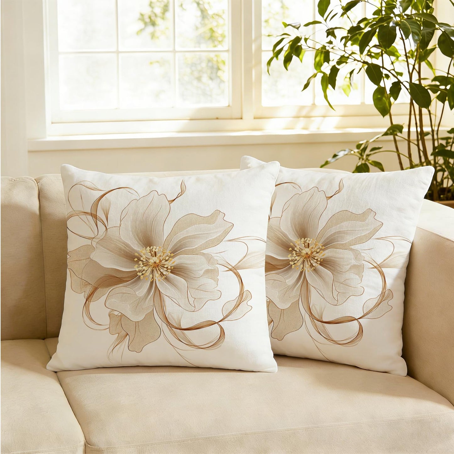Cvochtty Flower Throw Pillow Covers 18x18 Set of 2, Outdoor Pillow Covers, Simple Elegant Polyester Cushion Covers, Modern Decorative Square Pillowcases for Sofa Couch Bedroom Living Room Car
