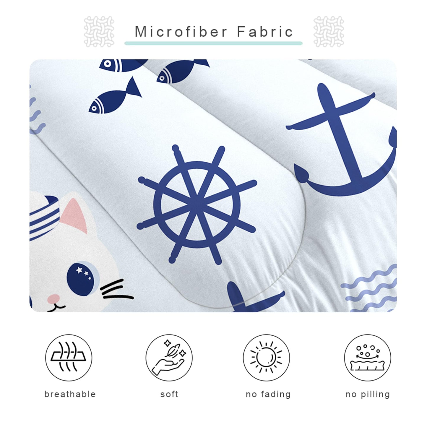 EDGZKO Nautical Cat Comforter Set Full Size Navy Anchor Sailor Cats Bedding Sets Cartoon Blue Marine Theme Bed Set for Teen Girls Boys Kids, 1 Comforter & 2 Pillowcases