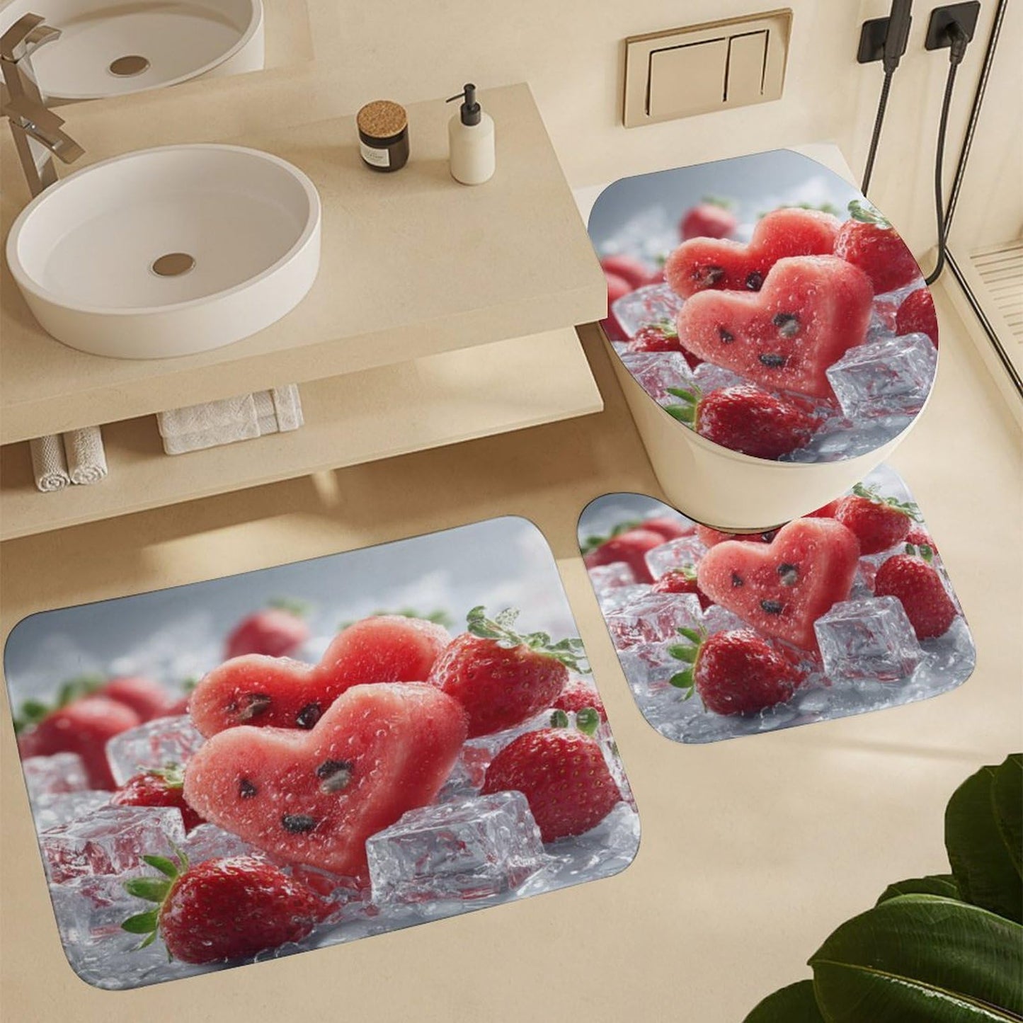 INSFBRB Rustic Colorful Watermelon Shower Curtain Sets with Rug,Toilet Lid Cover and Bath Mat,Realistic Modern Summer Ice Cubes Fruit Watermelon Strawberries 4 Piece Bathroom Set