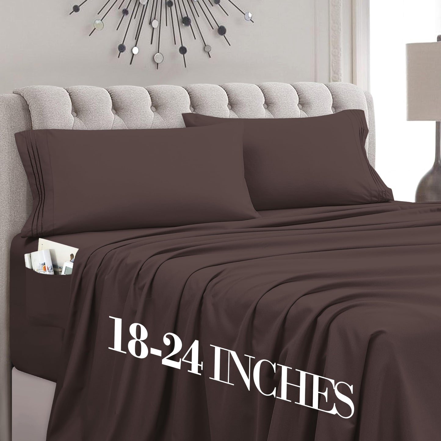 Mocassi Full Size 4-Piece Bed Sheet Set - 1800 Premium Hotel Quality Microfiber 18-24 Inches Extra Deep Pocket Fitted Sheet- Luxury Soft, Breathable, Wrinkle, and Fade Resistant, Brown
