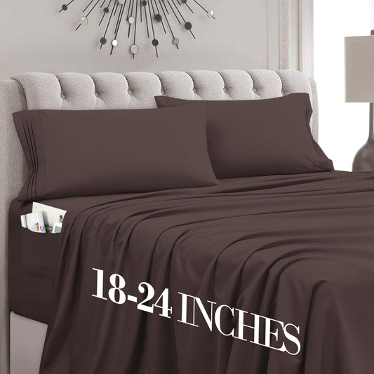 Mocassi Full Size 4-Piece Bed Sheet Set - 1800 Premium Hotel Quality Microfiber 18-24 Inches Extra Deep Pocket Fitted Sheet- Luxury Soft, Breathable, Wrinkle, and Fade Resistant, Brown