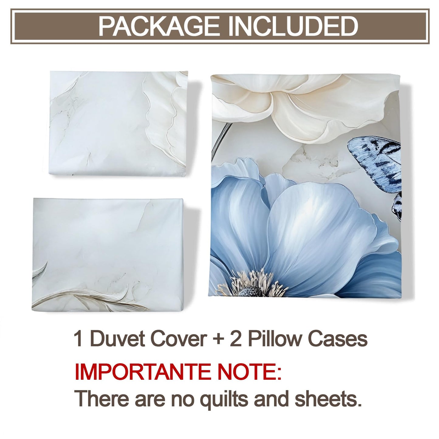 QINYUN 3D Butterfly Duvet Cover King Size, Modern Blue Floral Bedding Set 3 Piece Bedroom Decor Elegant Flowers Comforter Cover with Zipper Ties & 2 Pillowcases