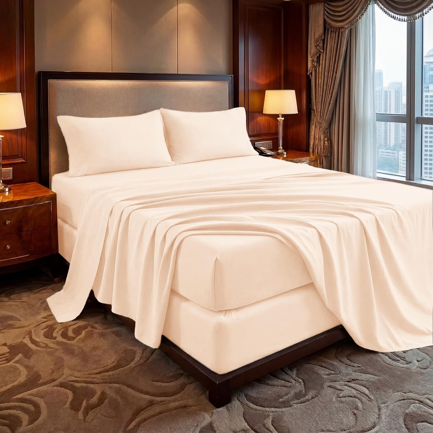 Tokokimo Hotel Collection Full Sheet Set - 4-Piece Ultra-Soft Microfiber, Extra Deep Pocket, Full Size Fitted Sheet with Double Side Pockets, Cooling & Breathable, Wrinkle & Fade Resistant, Beige