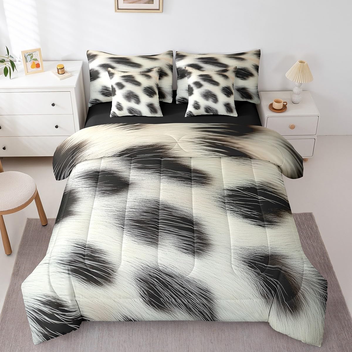 Erosebridal Cowhide Comforter Set King Size for Boys Cute Cow Print Bedding Set 7 Piece Western Cowboy Bed in A Bag for Kids Teens Youth Women Room Farmhouse Animal Hair Sheets, Breathable
