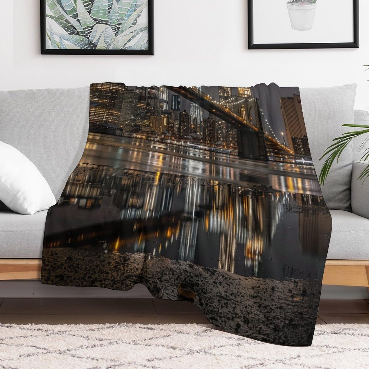 TOWINSFB Novelty City Skyline Flannel Throw Blanket, Soft Lightweight Cozy Warm Bridge River Night Cityscape Blanket for Couch Bed Travel- 30"x40"