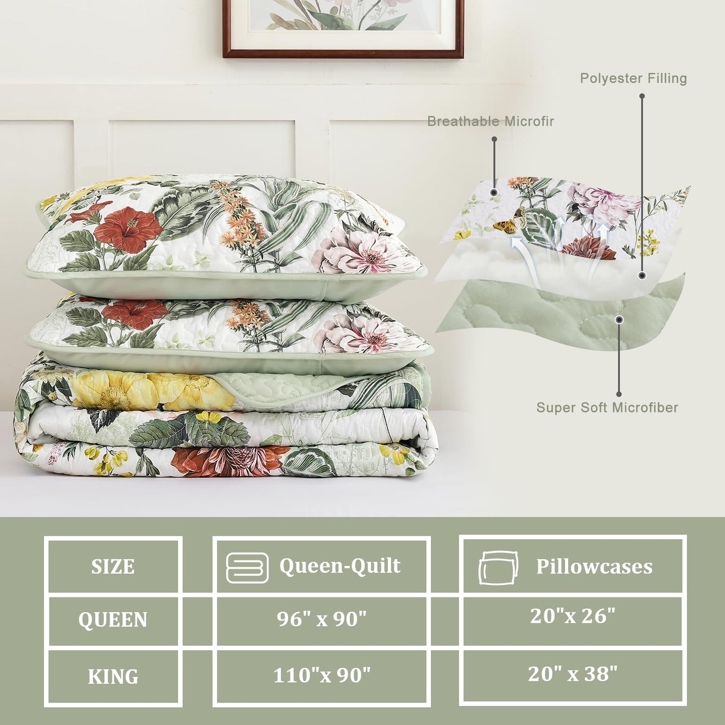 Anibedding Sage Green Queen Quilt Sets,3 Piece Floral Farmhouse Botanical Lightweight Microfiber Bedspread Coverlet with 2 Shams Spring Summer Bedding Quilts Set for All Season(90"x96")