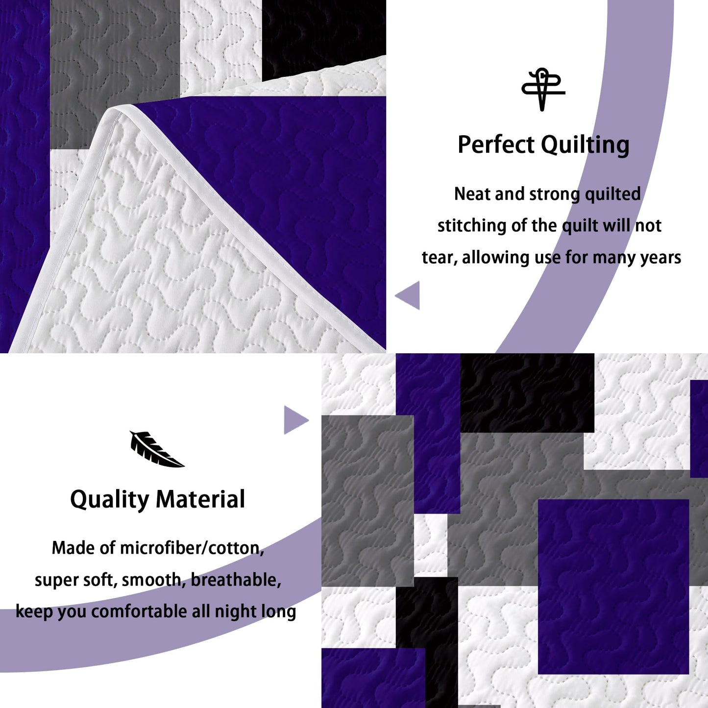 Tyrot 3 Piece Dark Purple Grey Quilt Set King Size Black White Geometric Reversible Bedding Set Microfiber Lightweight Bedspread Coverlet with 2 Shams Modern Bed Covers for All Season, 106''x96''