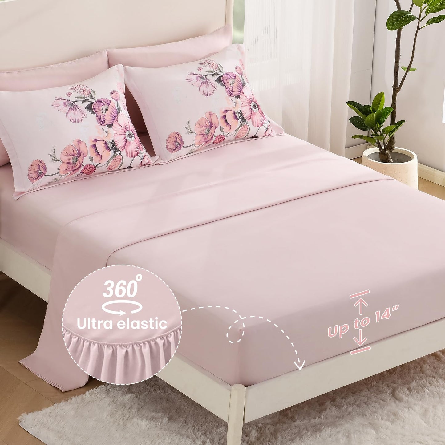 LLDSYW Queen Comforter Set - 7 Pieces Bed in a Bag Pink Floral Queen Comforter Set with Sheets, Soft Microfiber Flower Complete Bedding Set for All Seasons（Pink,90"x90"）
