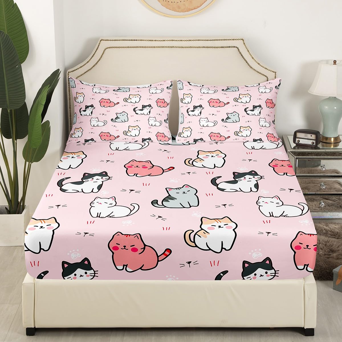 Erosebridal Cartoon Cat Bed Sheets,Kids Girls Pet Bedding Sets Queen Size,Cute Colorful Kitten Sheet Set for Teens Boys,White Cat Paw Print Flat Sheet with 2 Pillow Shams Pink