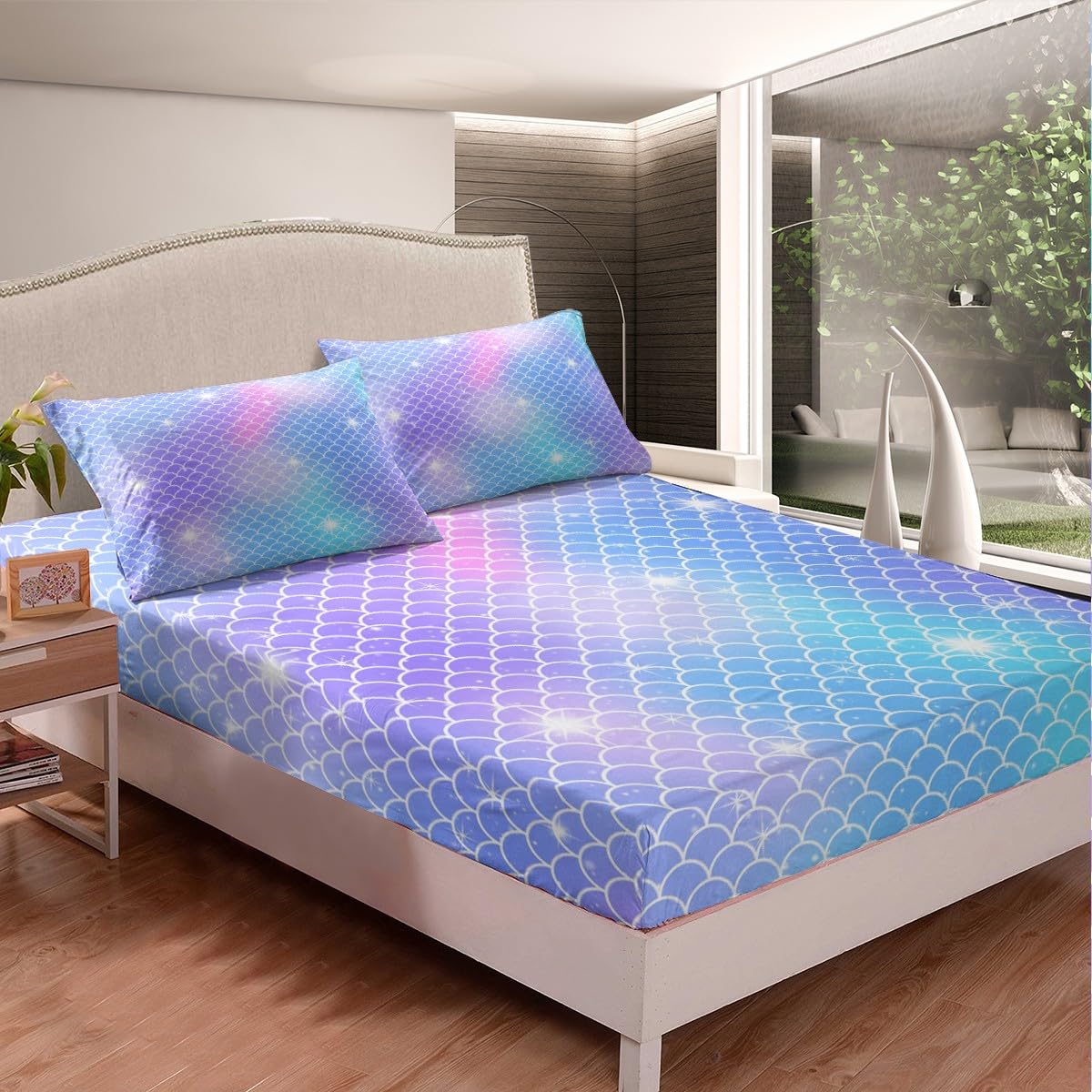 Feelyou Mermaid Scale Fitted Sheet Fish Scales Bedding Set Sea Underwater World Bed Sheet Set for Boys Girls Children Teens Ocean Marine Theme Bed Cover Fanstry Bedroom Decor Dreamy Twin Size