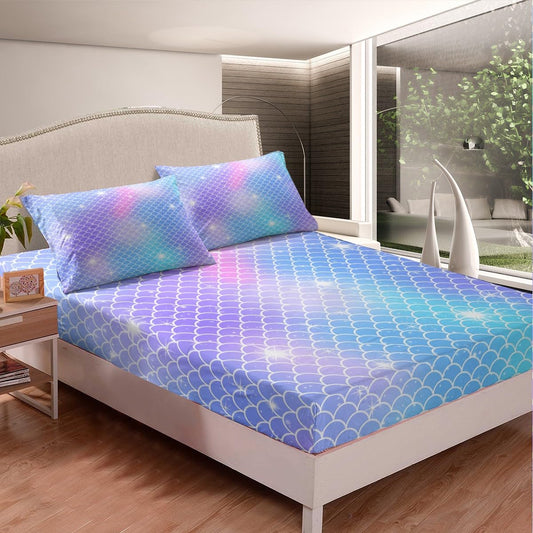 Feelyou Mermaid Scale Fitted Sheet Fish Scales Bedding Set Sea Underwater World Bed Sheet Set for Boys Girls Children Teens Ocean Marine Theme Bed Cover Fanstry Bedroom Decor Dreamy Twin Size