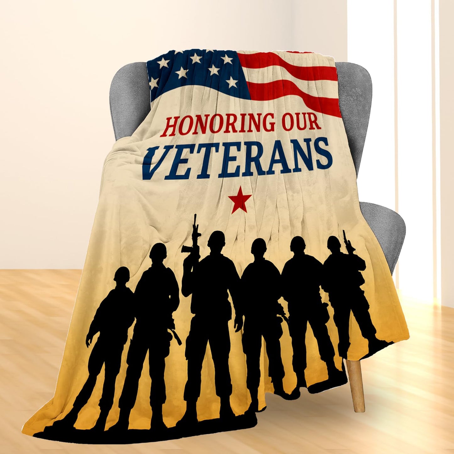 Ti Caldi Veterans Blanket Gifts, Soldier Silhouette and American Flag Sunset Flannel Throw Blanket for Couch, Bed, Travel & Decor, Cozy Lightweight Warm Patriotic Military Blankets for Adults 60×50 IN