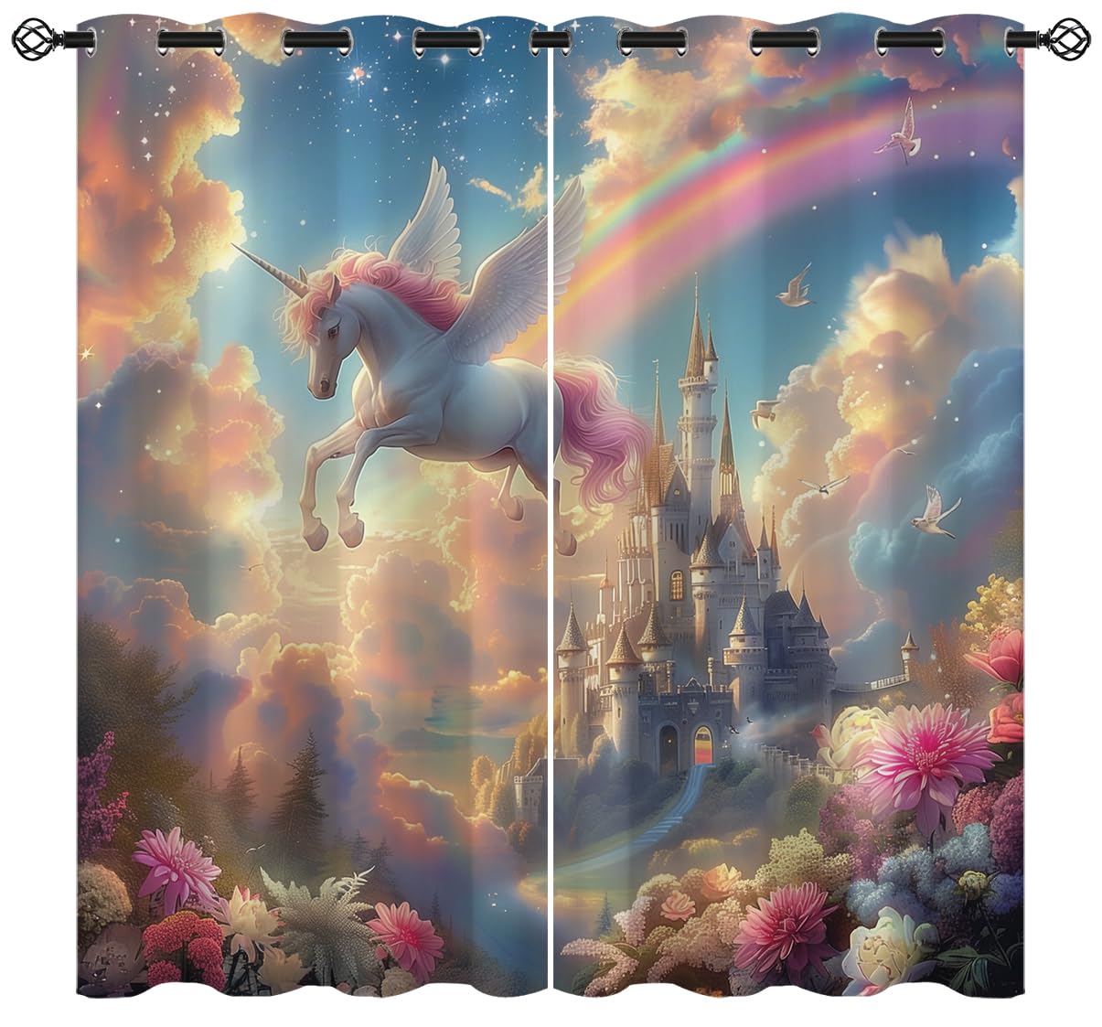 XINBADU Magic Castle Blackout Curtains for Girls Boy Home Decor, Unicorn Rainbow Fairy Tale World Grommet Thermal Insulated Drapes Darkening Window Curtain for Bedroom Living Room, 42 x 45 Inch