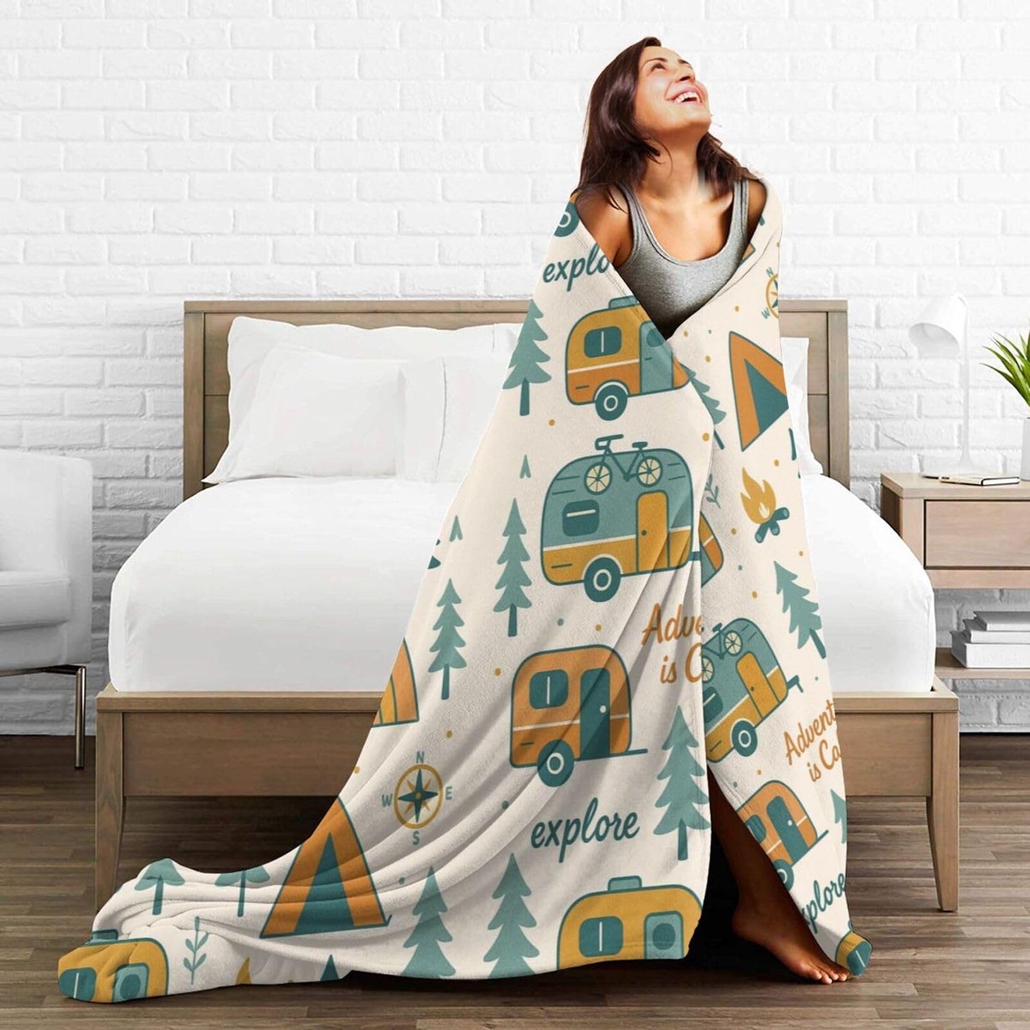 Qycazzw Adventure Camping Blanket 50"x60", Explore and Camp Throw Blankets, Gifts for Women Girls Kids, Soft Lightweight Fleece for Sofa Room Couch Bed Travel Modern Decor