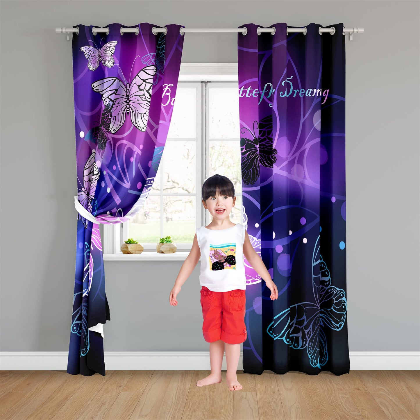 Kossmjx Butterfly Window Curtain Panels Purple Blackout Girls Curtains for Bedroom 2 Panels Curtains 84 inch Length for Girls Bedroom Nursery Room, 82" x 84"
