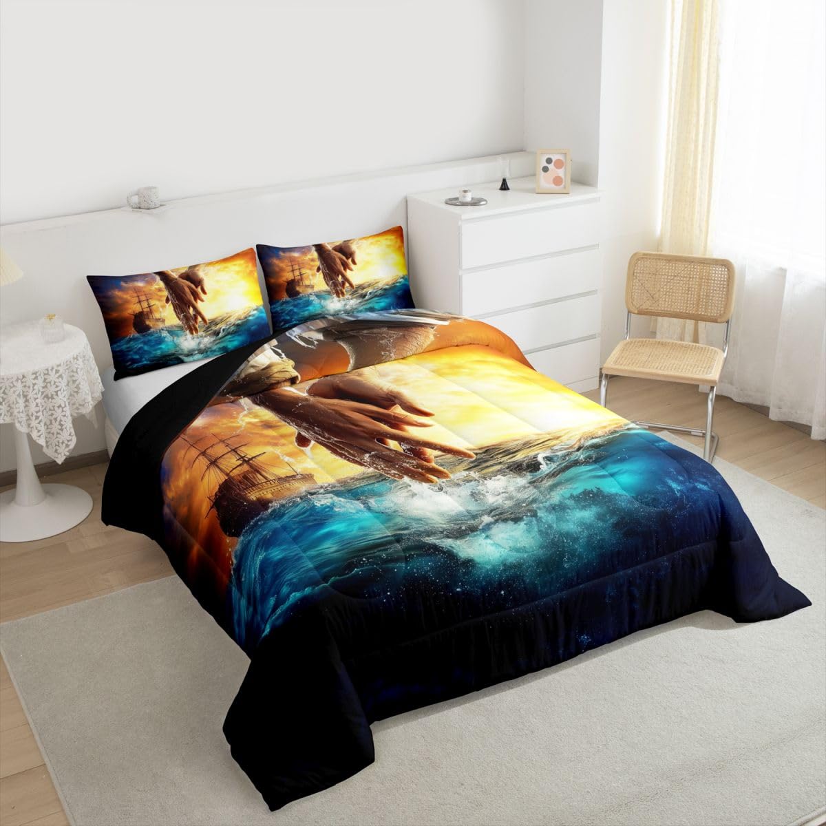 Manfei The Hand of God Girls Bedding Set Twin Size,God Reaching Into Water Comforter Set,Western Blue Ocean Bible Quilt Comforter Girls Boys Teens,Blue Orange Room Decor All Season,1 Pillowcase